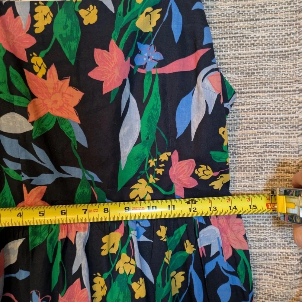 J. Crew Black Floral Midi Dress with Pink & Green Print